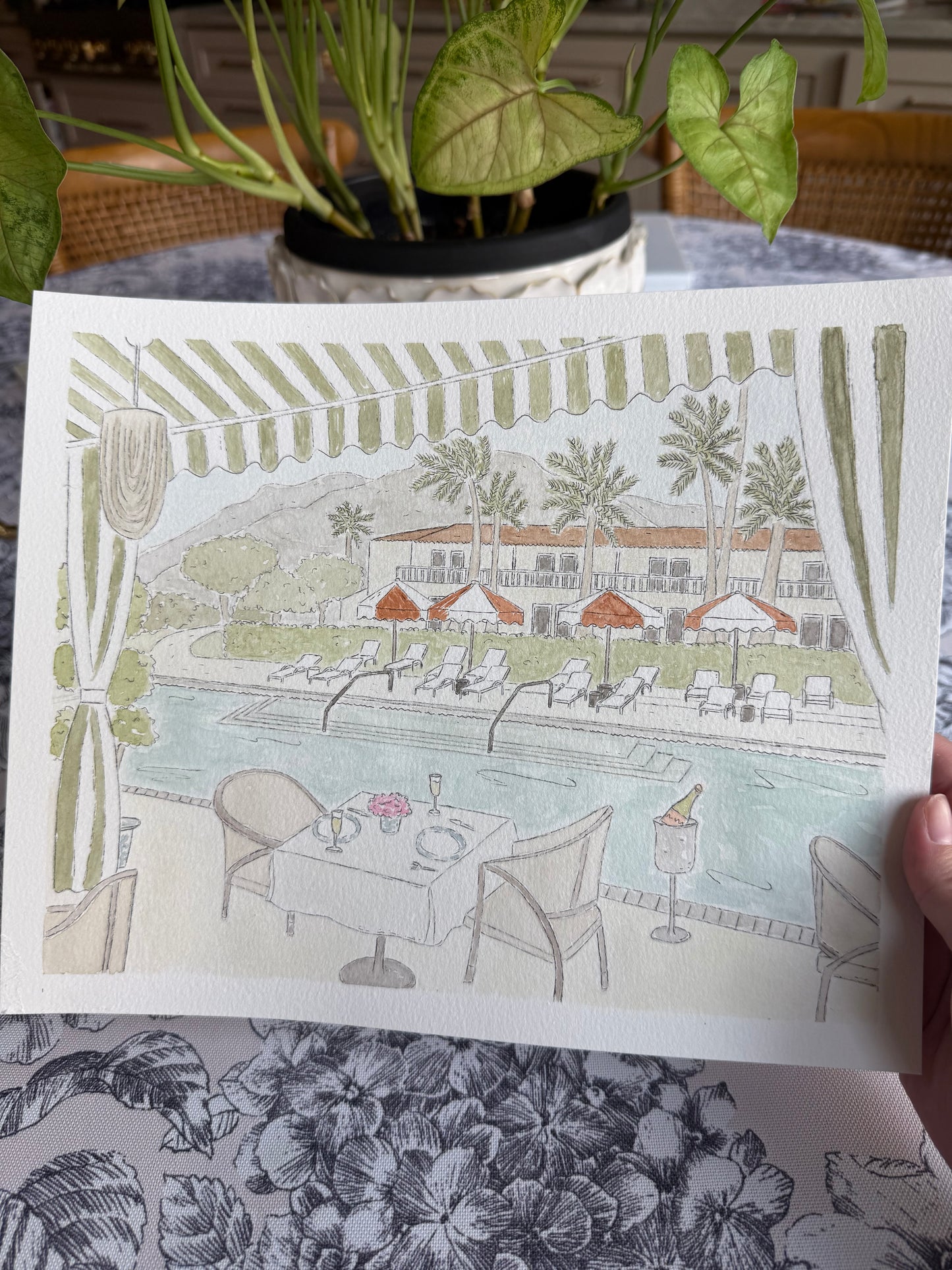 Poolside in Palm Springs Watercolor (framed)